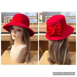 Vintage Red Wool Hat Large Velvet Bow